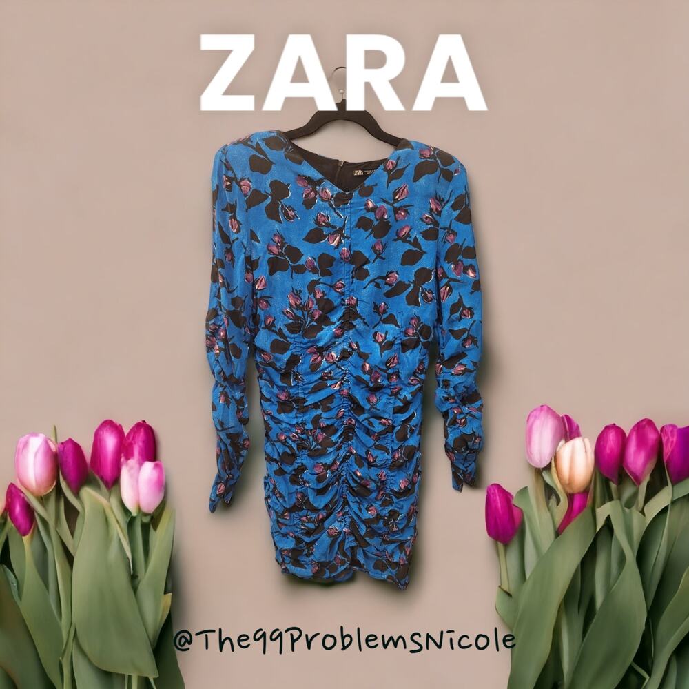 Zara Blue Floral Print Ruched Fitted Long Sleeved Mini Dress